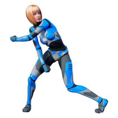 Beyaz arka planda izole edilmiş bir kadın robotun 3 boyutlu canlandırması