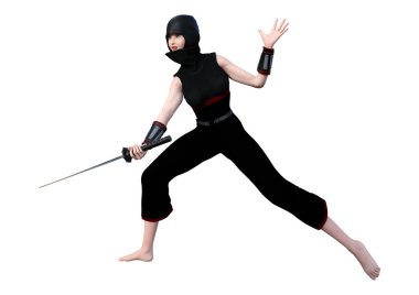 Beyaz arka planda izole edilmiş bir kılıç tutan dişi bir ninjanın 3 boyutlu görüntüsü.