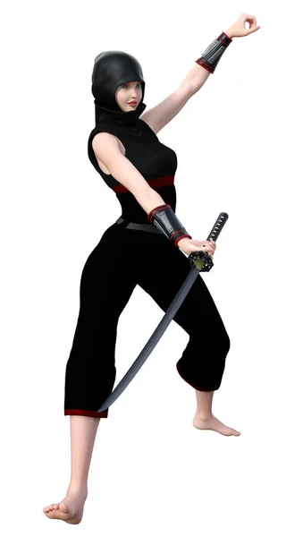 Återgivning Kvinnlig Ninja Som Håller Ett Svärd Isolerat Vit Bakgrund — Stockfoto