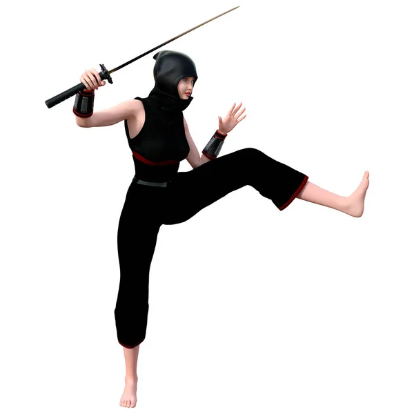 Rendering Female Ninja Holding Sword Isolated White Background — Stock Photo, Image