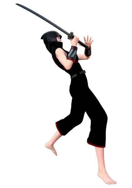 Weergave Van Een Vrouwelijke Ninja Met Een Zwaard Geïsoleerd Witte — Stockfoto