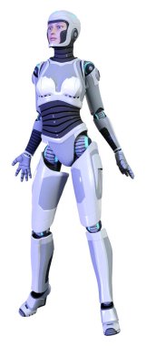 Beyaz arka planda izole edilmiş bir kadın robotun 3 boyutlu canlandırması