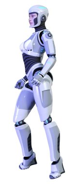 Beyaz arka planda izole edilmiş bir kadın robotun 3 boyutlu canlandırması