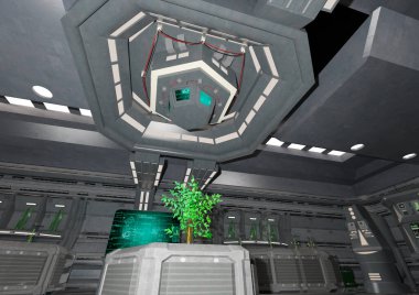 Bir bilim kurgu botanik laboratuvarının 3 boyutlu canlandırması