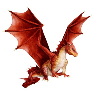 Beyaz arka planda izole edilmiş bir fantezi ejderhanın 3 boyutlu canlandırması