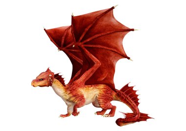 Beyaz arka planda izole edilmiş bir fantezi ejderhanın 3 boyutlu canlandırması