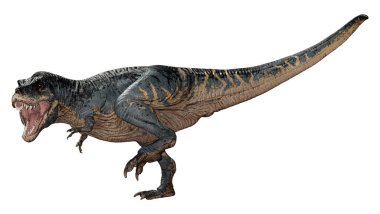 Beyaz zemin üzerinde izole edilmiş bir dinozor Tyrannosaurus Rex 'in 3D görüntüsü