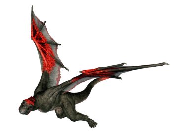 Beyaz arka planda izole edilmiş bir fantezi ejderhanın 3 boyutlu canlandırması