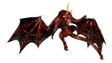 Beyaz arka planda izole edilmiş bir fantezi ejderhanın 3 boyutlu canlandırması