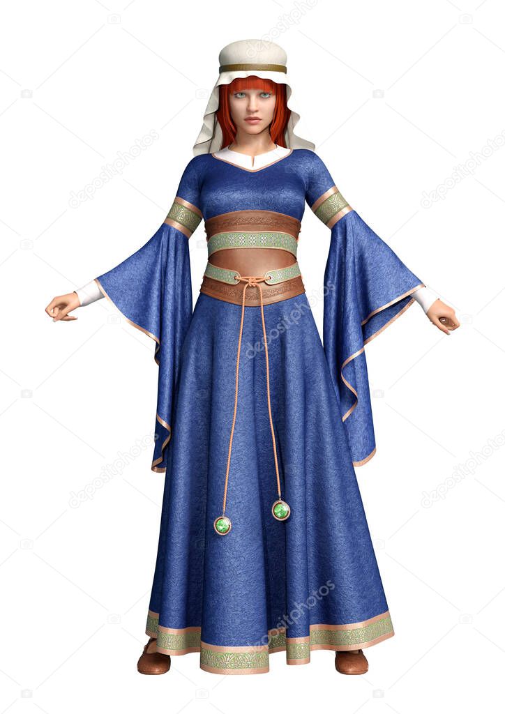 3D rendering of a pretty medieval lady in a traditional costume isolated on white background