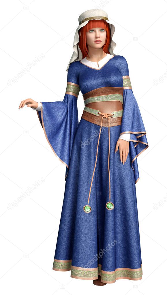 3D rendering of a pretty medieval lady in a traditional costume isolated on white background