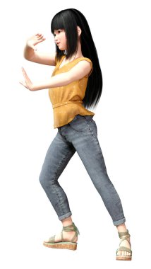 Beyaz arka planda izole edilmiş güzel bir Asyalı kızın 3 boyutlu görüntüsü.