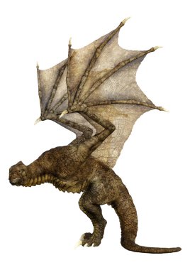 Beyaz arka planda izole edilmiş bir fantezi ejderhanın 3 boyutlu canlandırması