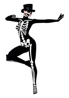 Cadılar Bayramı partisi için iskelet kostüm giyen genç bir kadının beyaz arka planda 3 boyutlu görüntüsü.