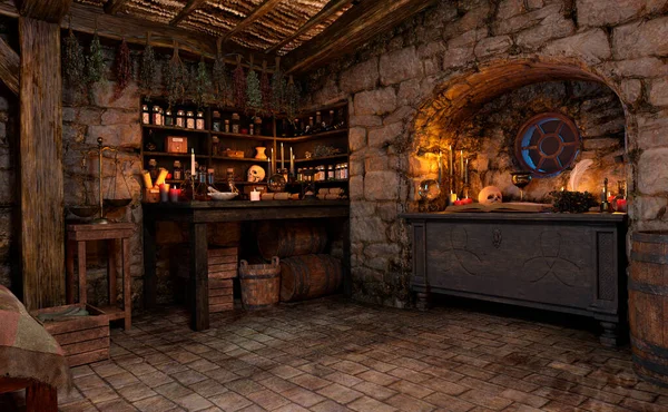 Renderowania Średniowiecznego Wnętrza Domku Bajki — Zdjęcie stockowe