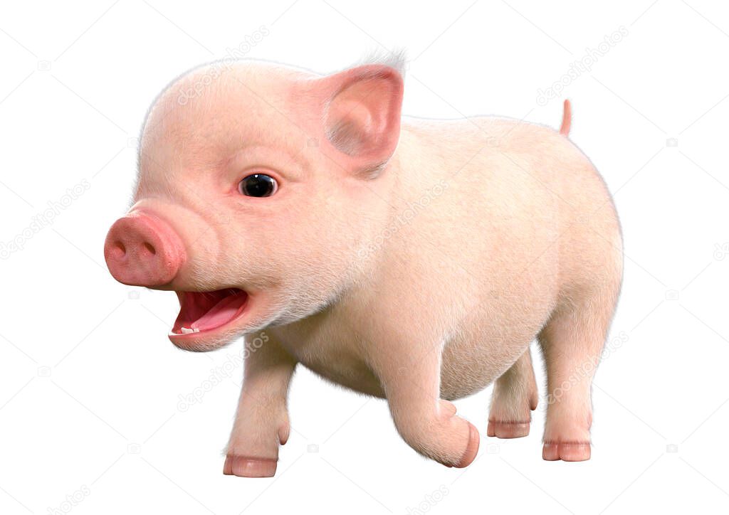 3D rendering of a cute pink piglet isolated on white background
