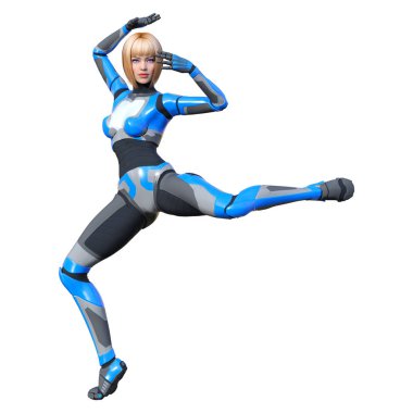 Beyaz arka planda izole edilmiş bir kadın robotun 3 boyutlu canlandırması