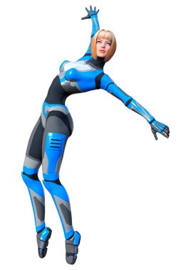 Beyaz arka planda izole edilmiş bir kadın robotun 3 boyutlu canlandırması