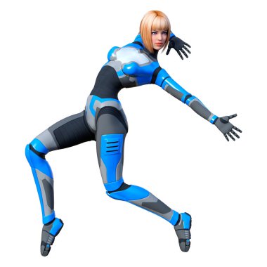 Beyaz arka planda izole edilmiş bir kadın robotun 3 boyutlu canlandırması