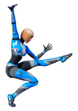 Beyaz arka planda izole edilmiş bir kadın robotun 3 boyutlu canlandırması