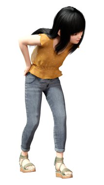 Beyaz arka planda izole edilmiş güzel bir Asyalı kızın 3 boyutlu görüntüsü.