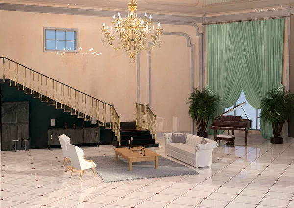 Vykreslení Luxusního Velkého Foyer Interiéru — Stock fotografie