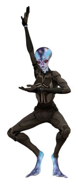 Beyaz arka planda izole edilmiş mavi dişi bir uzaylının 3 boyutlu görüntüsü