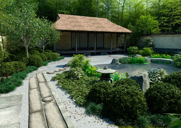 Rendering Eines Grünen Japanischen Gartens Sommer — Stockfoto
