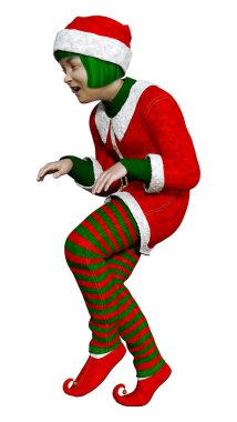 Beyaz arka planda izole edilmiş küçük bir Noel elfinin 3 boyutlu canlandırması