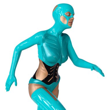 Beyaz arka planda izole edilmiş bir kadın robotun 3 boyutlu canlandırması