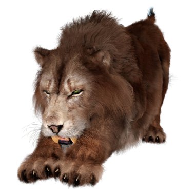 Kahverengi bir kılıç dişli kaplanın beyaz arka planda 3 boyutlu görüntüsü