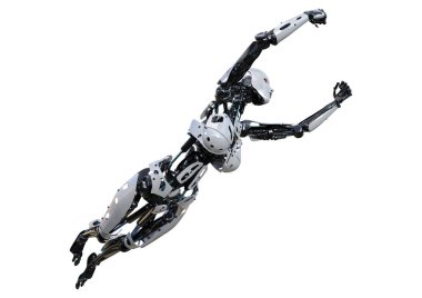 Beyaz arka planda izole edilmiş bir kadın robotun 3 boyutlu canlandırması
