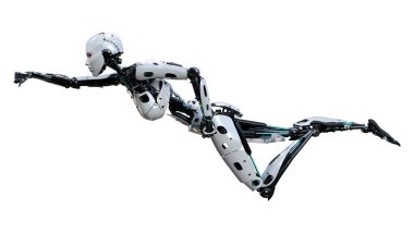 Beyaz arka planda izole edilmiş bir kadın robotun 3 boyutlu canlandırması