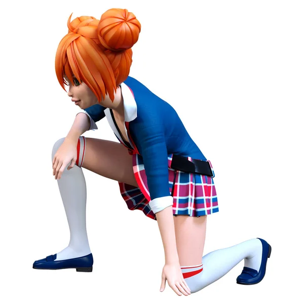 白い背景に隔離された赤い髪をしたアニメティーネージャーの女の子の3Dレンダリング — ストック写真