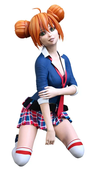 Renderelés Egy Anime Tinédzser Lány Vörös Haj Elszigetelt Fehér Háttér — Stock Fotó
