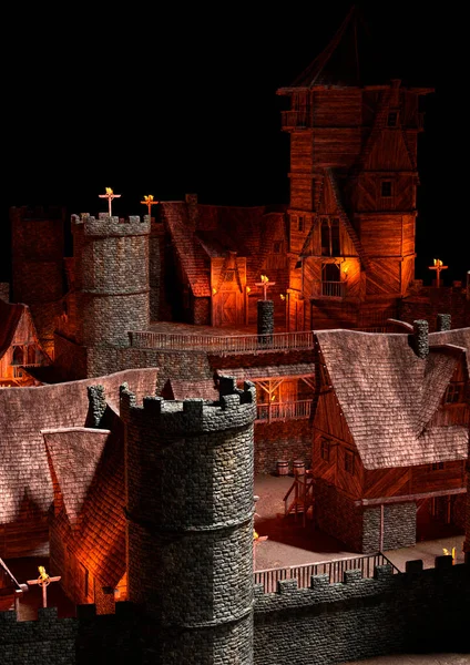 Renderização Uma Vila Fortaleza Medieval Noite — Fotografia de Stock