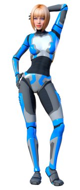 Beyaz arka planda izole edilmiş bir kadın robotun 3 boyutlu canlandırması