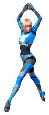 Beyaz arka planda izole edilmiş bir kadın robotun 3 boyutlu canlandırması