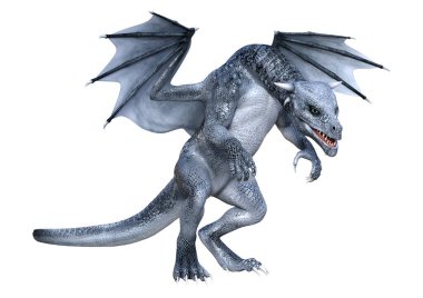 Beyaz arka planda izole edilmiş bir fantezi ejderhanın 3 boyutlu canlandırması