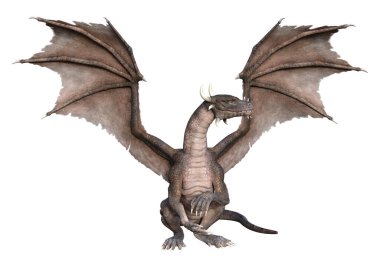 Beyaz arka planda izole edilmiş bir fantezi ejderhanın 3 boyutlu canlandırması