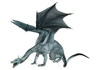 Beyaz arka planda izole edilmiş bir fantezi ejderhanın 3 boyutlu canlandırması