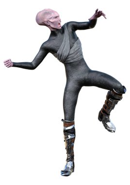 Beyaz arka planda izole edilmiş bir bilim kurgu uzaylısının 3 boyutlu canlandırması