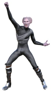 Beyaz arka planda izole edilmiş bir bilim kurgu uzaylısının 3 boyutlu canlandırması