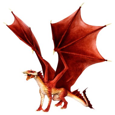 Beyaz arka planda izole edilmiş bir fantezi ejderhanın 3 boyutlu canlandırması