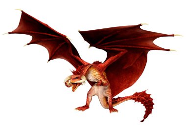 Beyaz arka planda izole edilmiş bir fantezi ejderhanın 3 boyutlu canlandırması