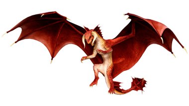 Beyaz arka planda izole edilmiş bir fantezi ejderhanın 3 boyutlu canlandırması