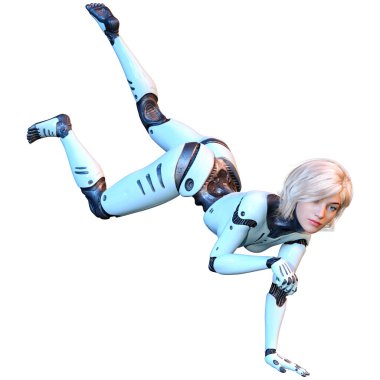 Beyaz arka planda izole edilmiş bir kadın robotun 3 boyutlu canlandırması