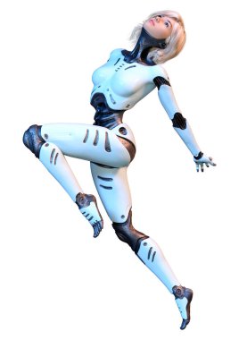 Beyaz arka planda izole edilmiş bir kadın robotun 3 boyutlu canlandırması