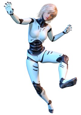 Beyaz arka planda izole edilmiş bir kadın robotun 3 boyutlu canlandırması