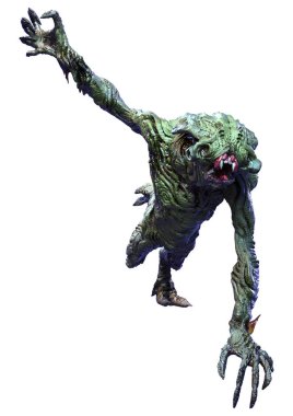 Beyaz arka planda izole edilmiş yeşil bir uzaylının 3 boyutlu görüntüsü